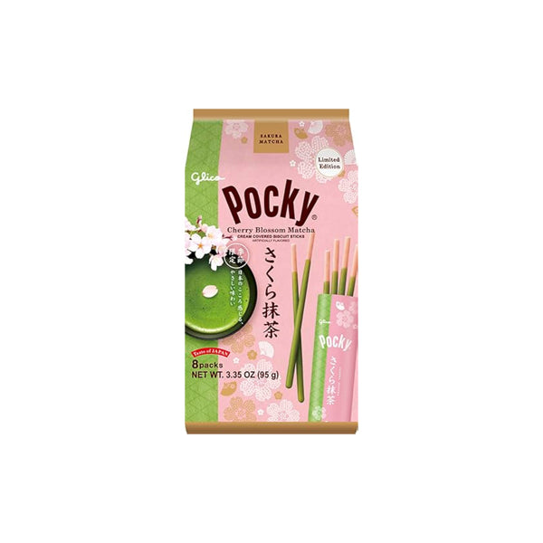 Grand sachet de Pocky japonais Sakura Matcha Share Pack contenant 8 sachets de bâtonnets au chocolat matcha et biscuit rose sakura.