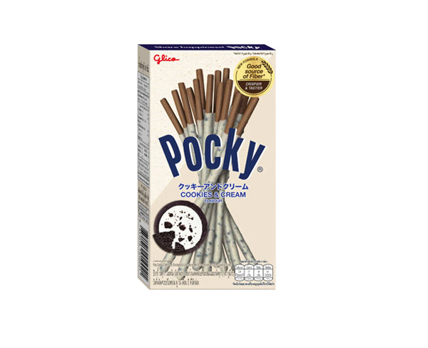 Paquet de Pocky Cookie & Cream Glico 45g, biscuit japonais au chocolat et crème.