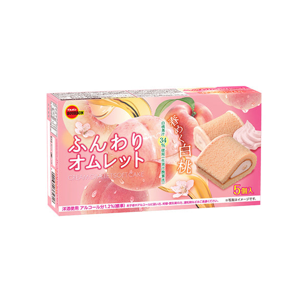 Boîte de gâteaux japonais moelleux Bourbon Funwari Omlette fourrés à la crème de pêche blanche .