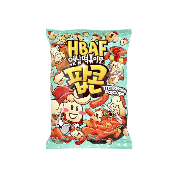 Sachet de popcorn coréen HBAF saveur Topokki (Tteokbokki) rouge et jaune.