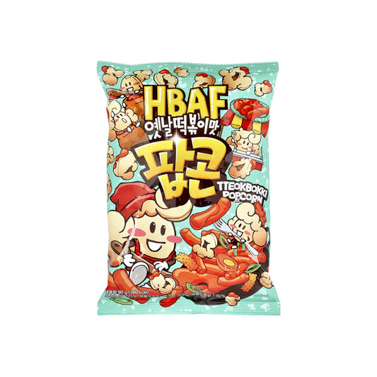 Sachet de popcorn coréen HBAF saveur Topokki (Tteokbokki) rouge et jaune.