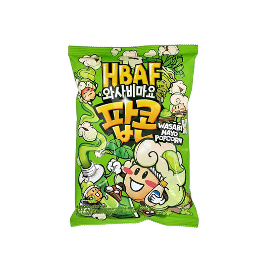 Paquet de popcorn HBAF saveur Wasabi et Mayonnaise, couleur verte et blanc.