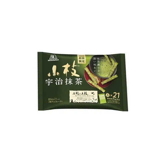 Bâtonnets de chocolat japonais en forme de brindilles Morinaga Koeda saveur thé vert matcha et riz soufflé.