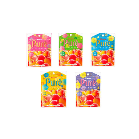 Sachet de bonbons japonais Kanro Pure Gummy saveur prune Ume en forme de cœur.