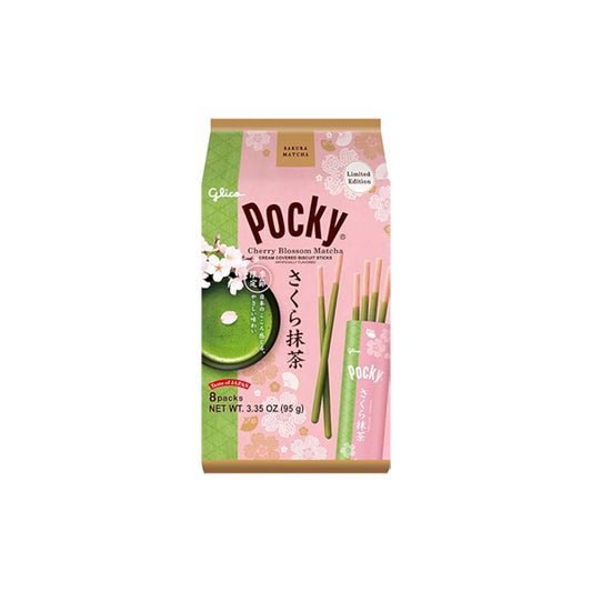 Grand sachet de Pocky japonais Sakura Matcha Share Pack contenant 8 sachets de bâtonnets au chocolat matcha et biscuit rose sakura.