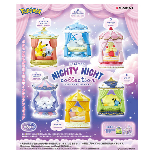 Diorama miniature Pokemon Nighty Night avec des Pokémon dormant dans des décors de nuit.