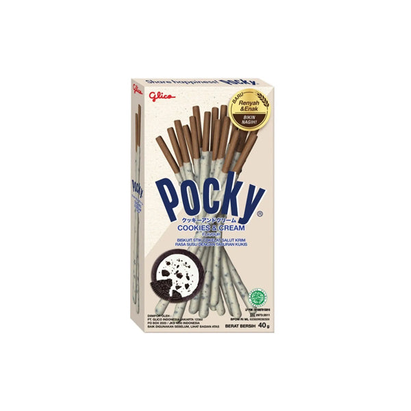 Paquet de Pocky Cookie & Cream Glico 45g, biscuit japonais au chocolat et crème.