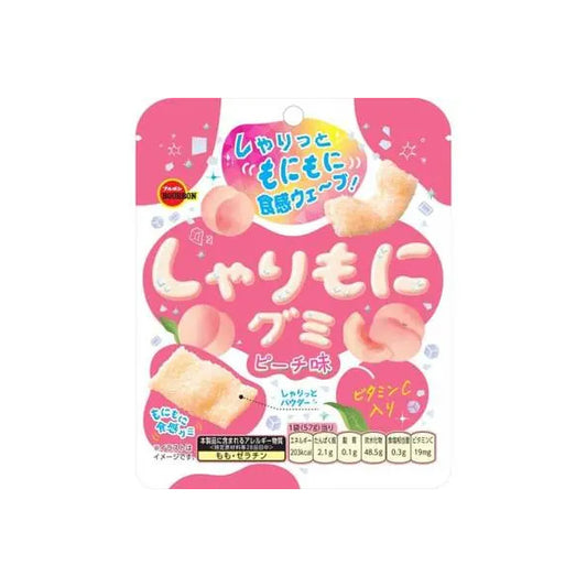Sachet de bonbons japonais Bourbon Shari Moni Gummy saveur pêche blanche.