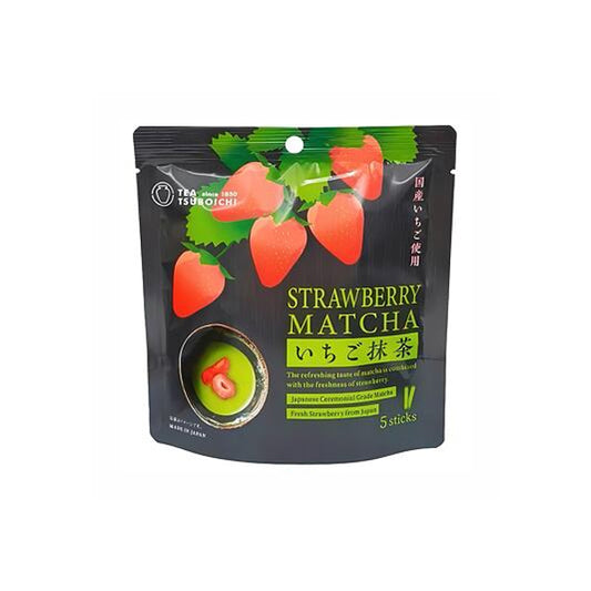 Boîte de Tsuboichi Strawberry Matcha contenant 5 sticks de préparation de thé vert japonais à la fraise.